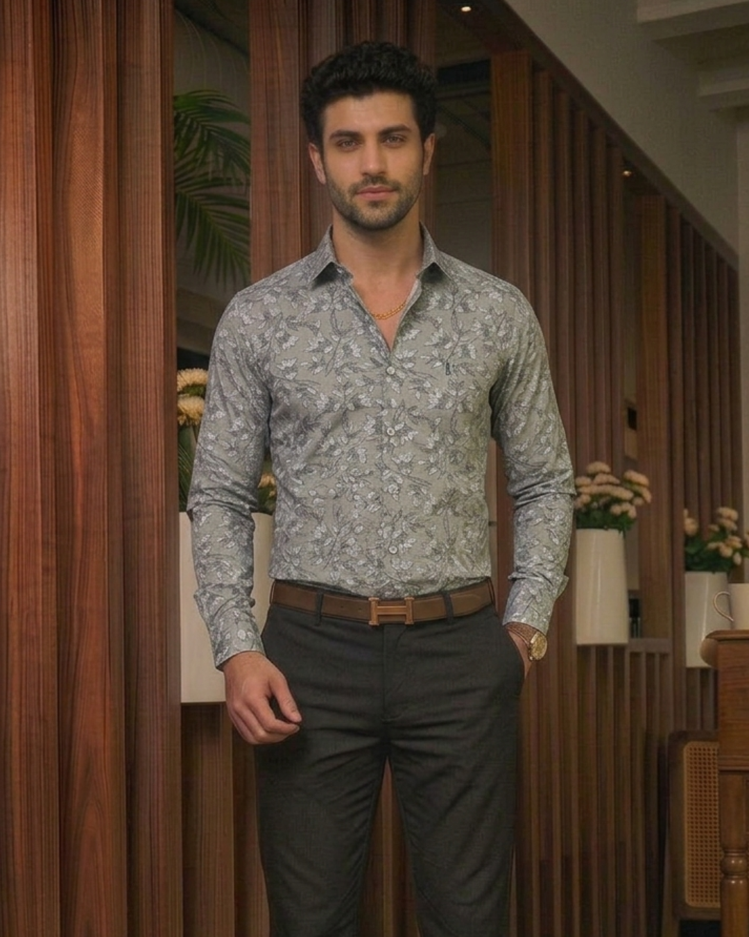 Men's Grey & Sage Micro-Floral Printed Shirt - Image 5