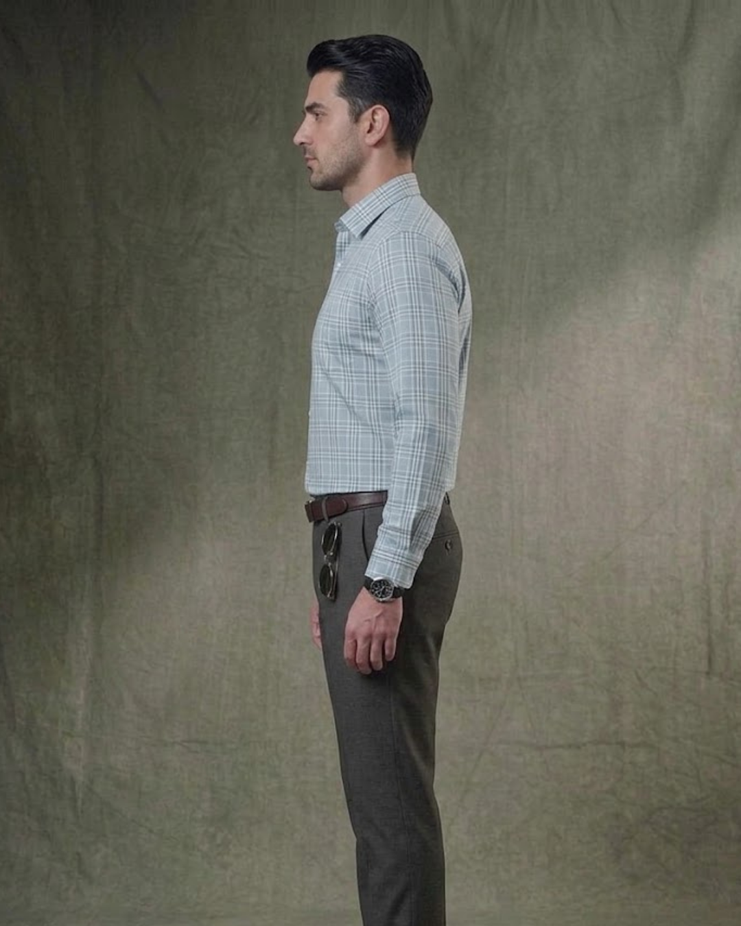 Men's Classic Checkered Button-Down Shirt – Light Blue & Grey - Image 4