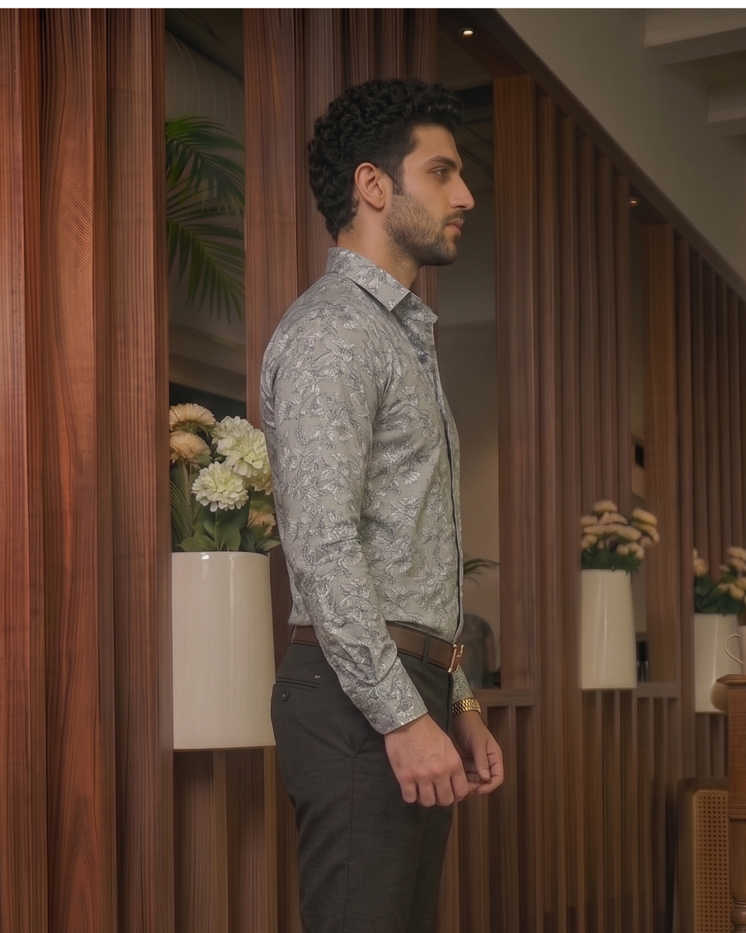 Men's Grey & Sage Micro-Floral Printed Shirt - Image 6