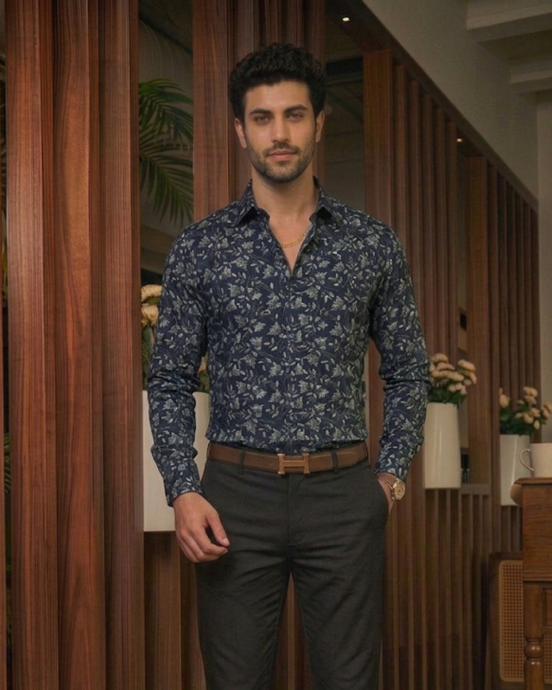 Men's Grey & Sage Micro-Floral Printed Shirt