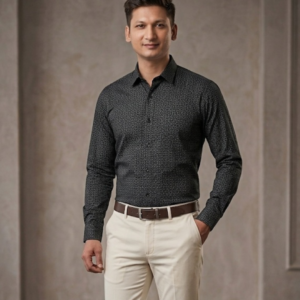 Men’s Charcoal Geometric Micro-Print Slim Fit Shirt