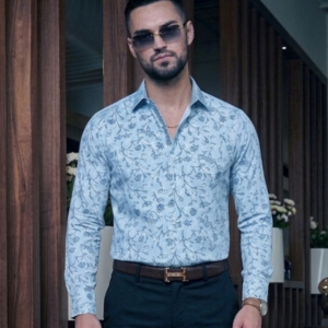 Men’s White & Blue Botanical Floral Print Slim Fit Formal Shirt
