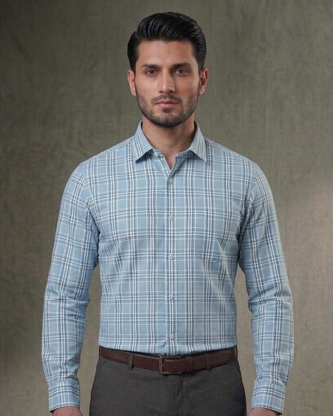Men's Classic Checkered Button-Down Shirt – Light Blue & Grey - Image 7