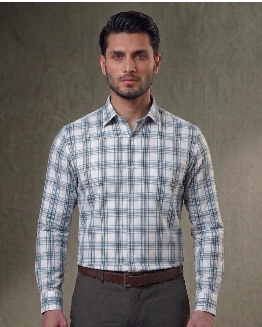 Men's Classic Checkered Button-Down Shirt – Light Blue & Grey
