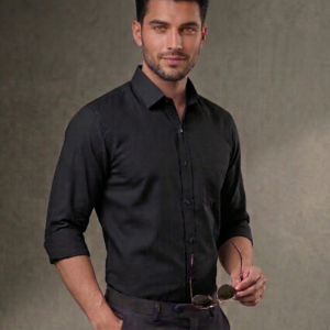Men’s Classic Charcoal Black Linen-Blend Long Sleeve Casual Shirt