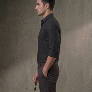 Men’s Classic Charcoal Black Linen-Blend Long Sleeve Casual Shirt