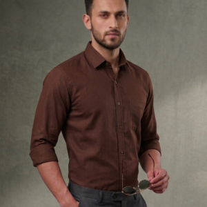 Men’s Chocolate Brown Linen-Blend Casual Shirt – Slim Fit, Roll-Up Sleeves