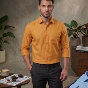 Men’s Mustard Yellow Linen-Blend Long Sleeve Casual Shirt