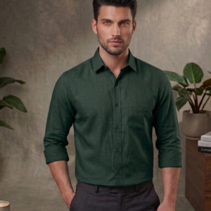 Men’s Bottle Green Linen-Blend Long Sleeve Casual Shirt