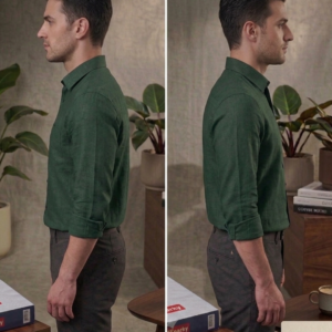 Men’s Bottle Green Linen-Blend Long Sleeve Casual Shirt