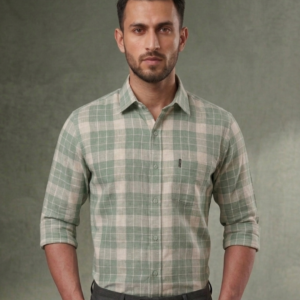 Men’s Sage Green & Beige Cotton Linen Check Casual Shirt