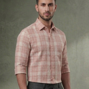 Men’s Peach & Rose Checked Casual Linen Shirt