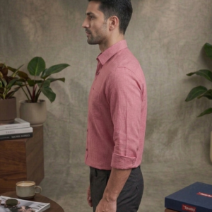 Men’s Dusty Pink Linen-Blend Long Sleeve Casual Shirt