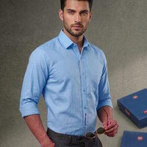 Men’s Light Blue Chambray Linen-Blend Casual Shirt – Slim Fit, Roll-Up Sleeves